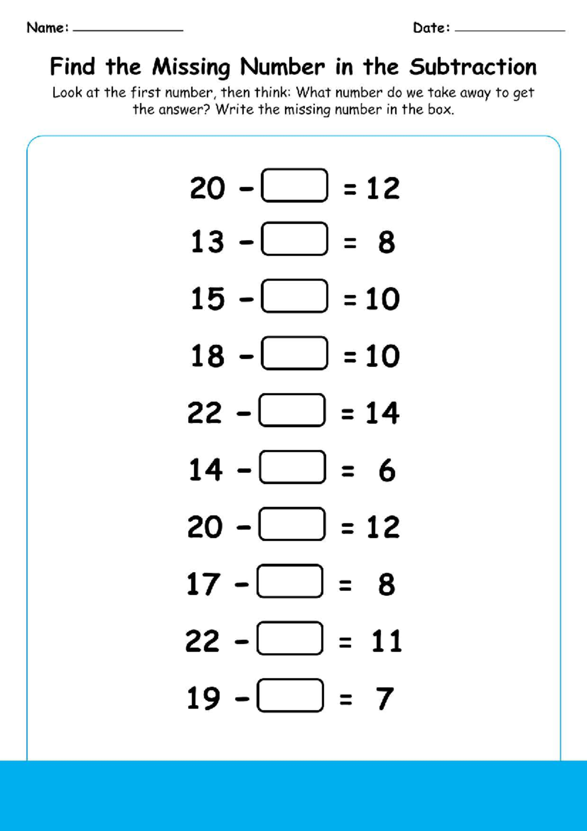 Find the Missing Number in Subtraction - 1st Grade Worksheet - Name ...