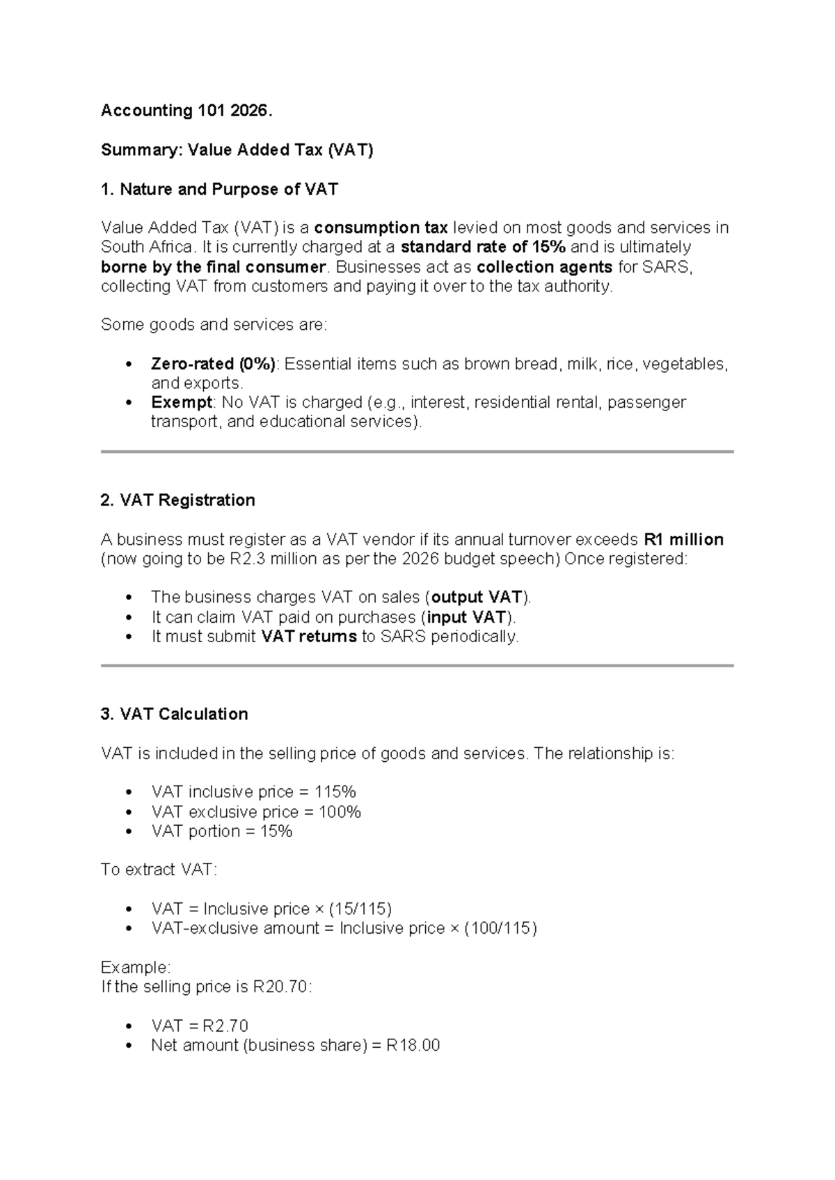Accounting 101: VAT Summary Notes for Exam Preparation 2026 - Studocu