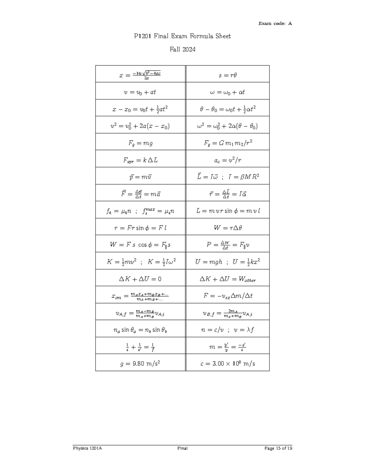 Final Exam Formula Sheet - .. + ... F = −vexΔm/Δt vA,f = m mAA−+mmBB vA ...