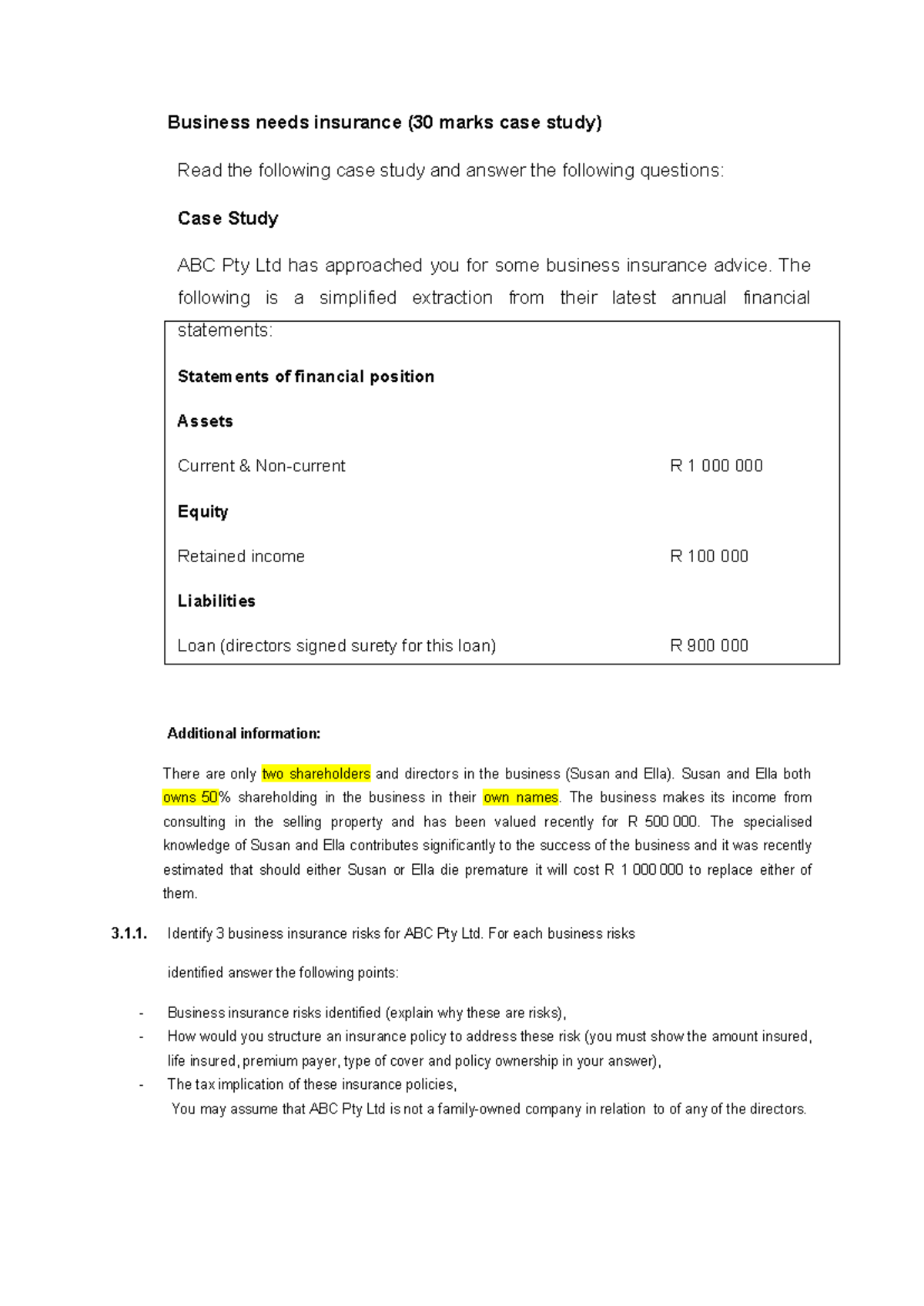 Business Needs Insurance Case Study (BUS101 - 30 Marks) - Studocu