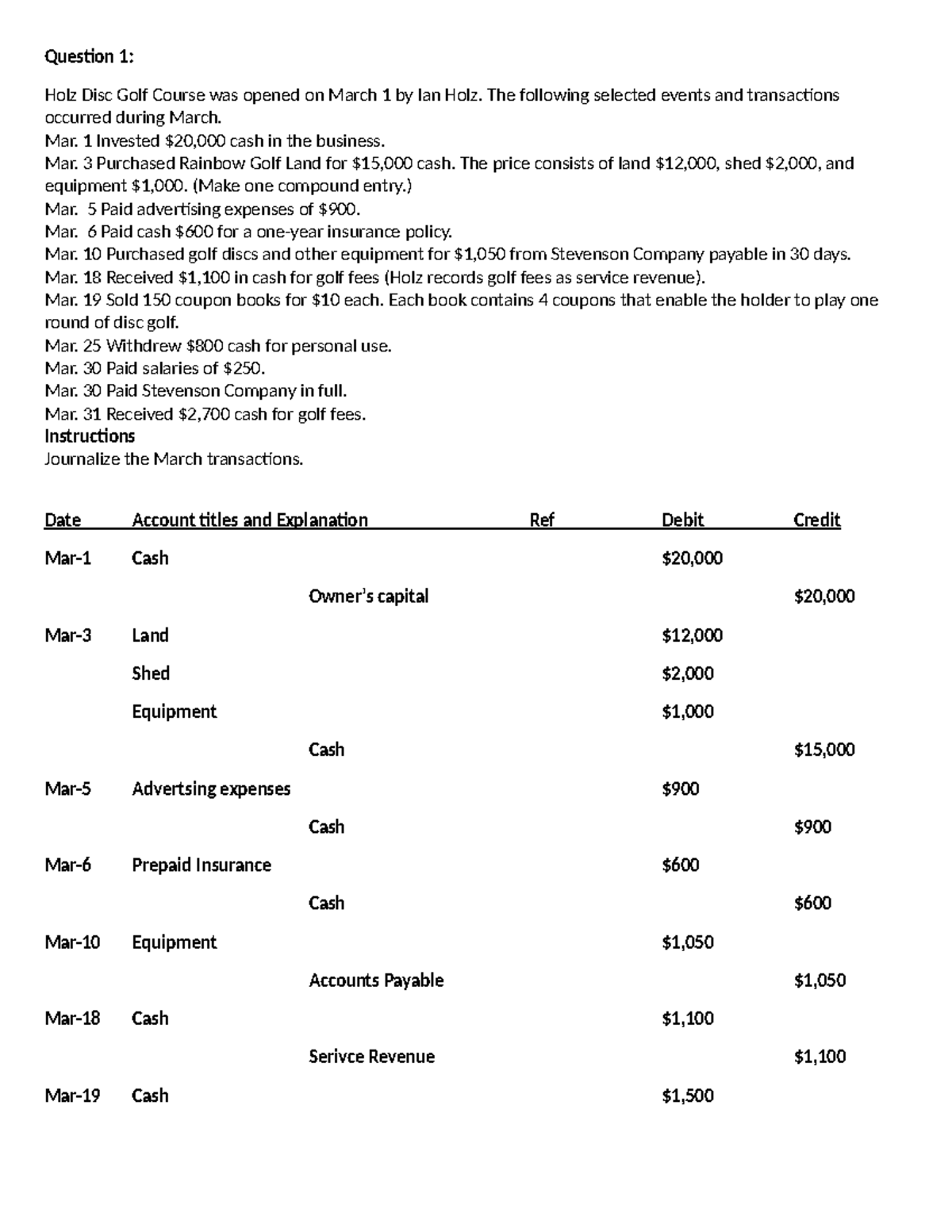 Answer for ACCT 101 Quiz 1 - Holz Disc Golf Course Transactions - Studocu