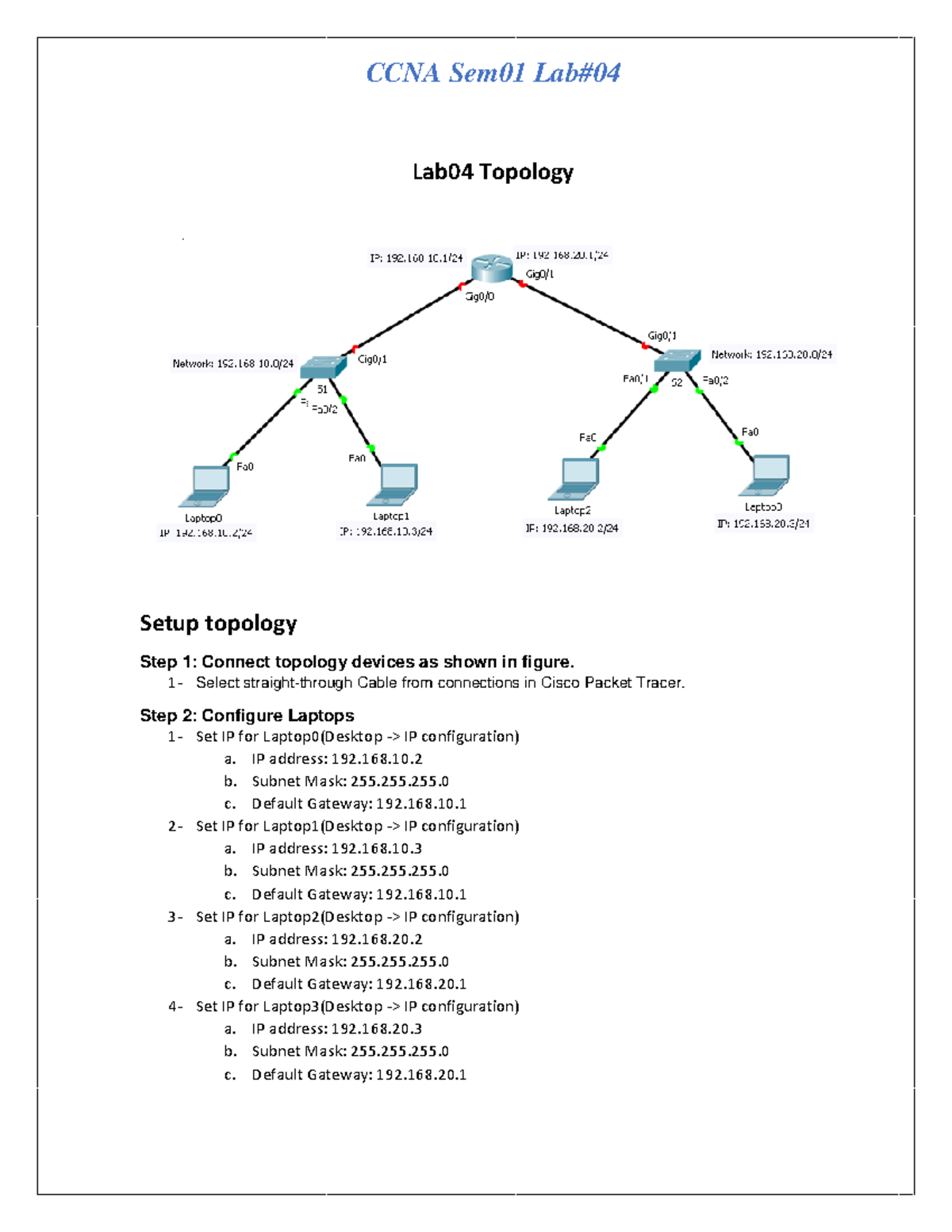 CCNA Sem01 Lab#04 - Setup topology - CCNA Sem01 Lab# Lab04 Topology ...