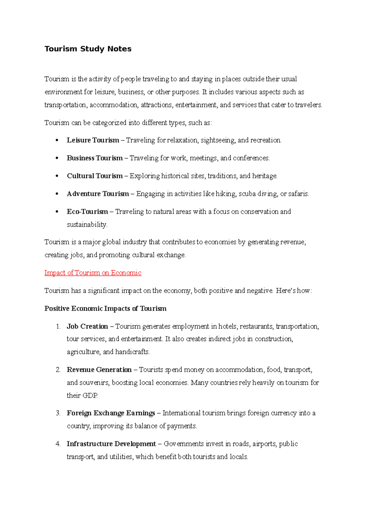 Tourism 1st Study Notes: Exploring Economic & Social Impacts - Studocu
