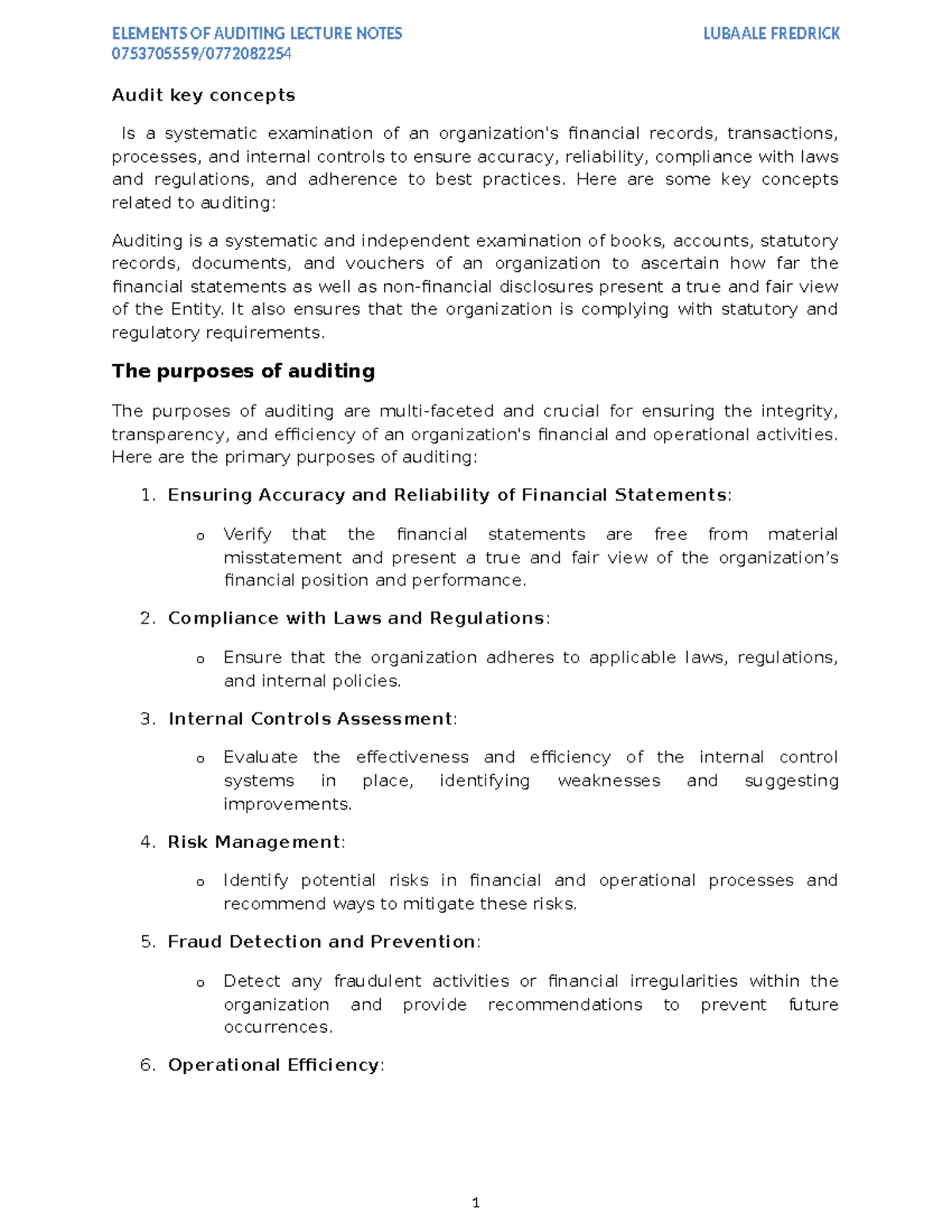 Elements of Auditing Lecture Notes (AUD 101) - Key Concepts and ...