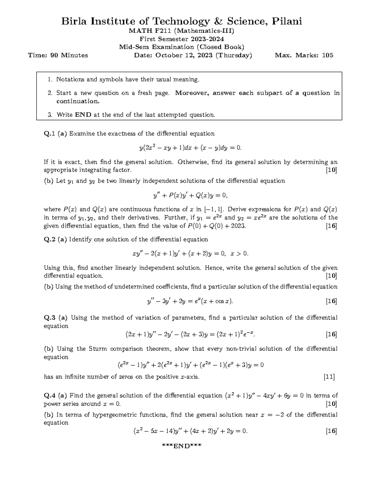 Midsem 23 - Mid term Question paper for practice - Birla Institute of ...