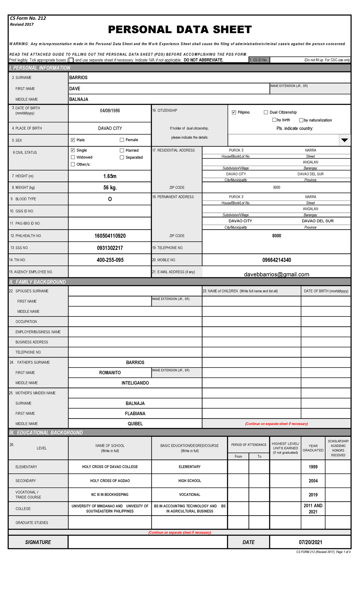 Personal Data Sheet - CS Form No. 212 Revised 2017 - Studocu