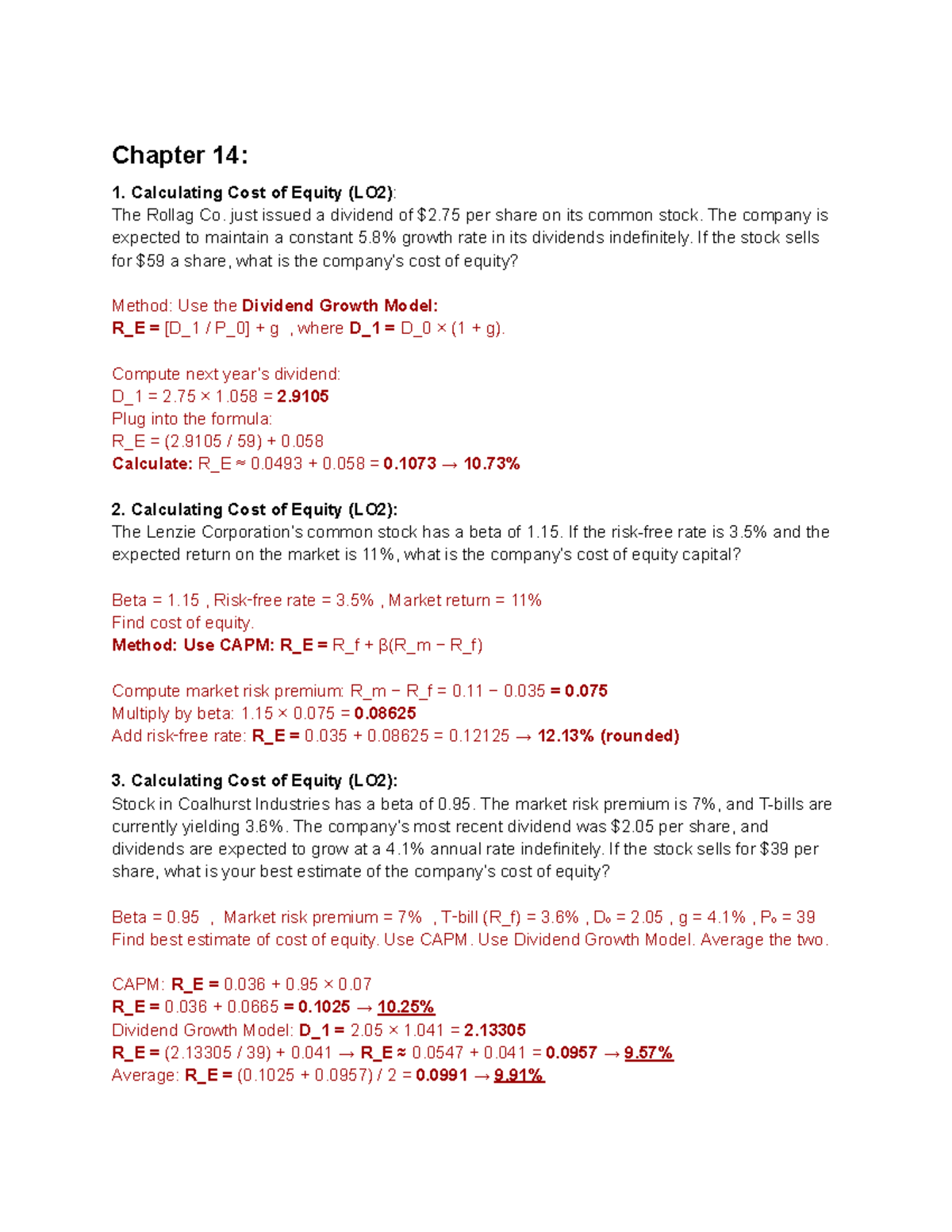 Chapter 14: Calculating Cost of Equity & WACC Problems (LO2, LO4) - Studocu