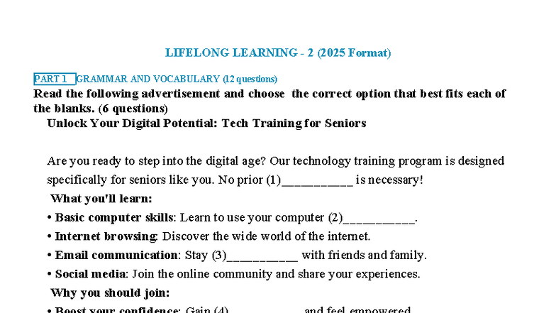 LIFELONG LEARNING 2: Grammar & Vocabulary Practice (2025 Format) - Studocu