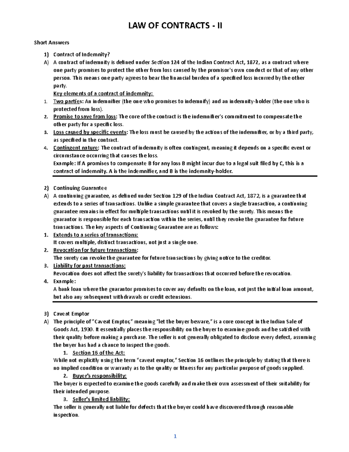 LAW OF CONTRACTS II - Short Answer Guide for Key Concepts and ...