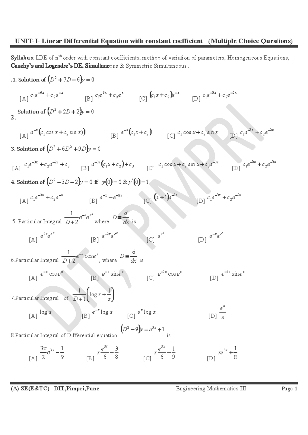 LDE-2 - Engineering Mathematics -III - Syllabus: LDE of n th order with ...