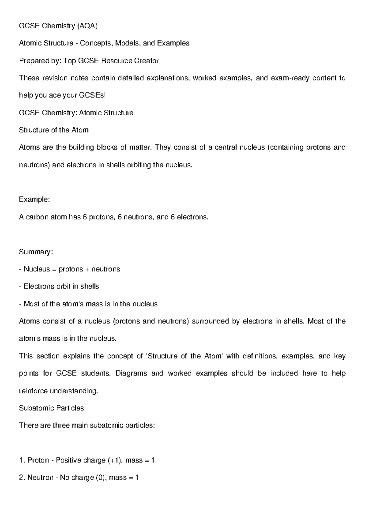 GCSE Chemistry (AQA) Revision Notes: Atomic Structure Concepts - Studocu