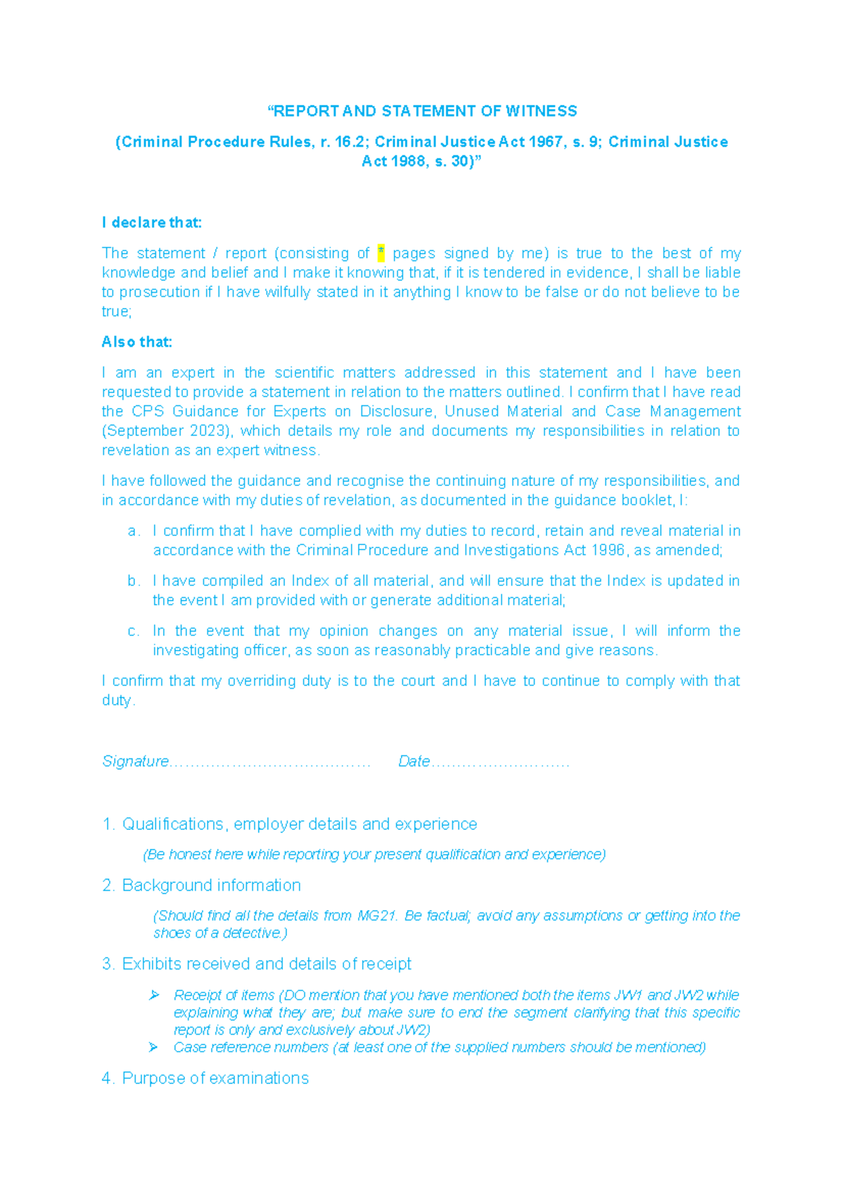 Expert Witness Statement Template (Criminal Procedure Rules, r. 2023 ...