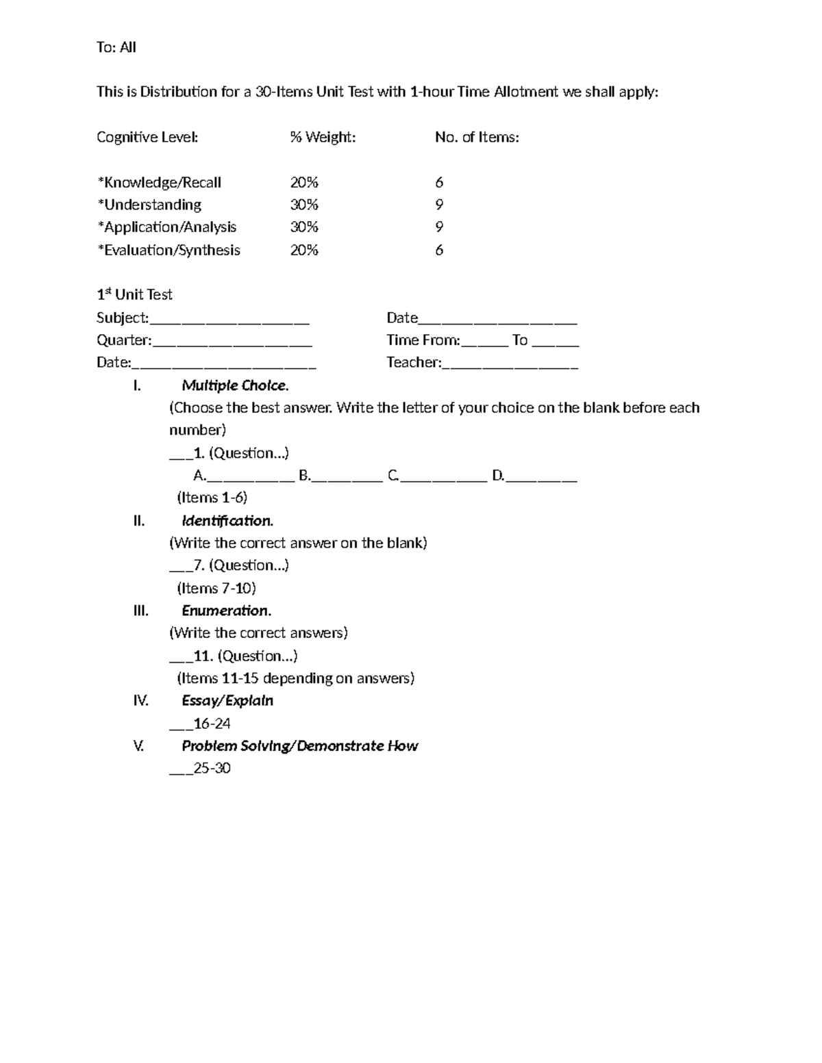 TEST- Questions- Distribution - To: All This is Distribution for a 30 ...