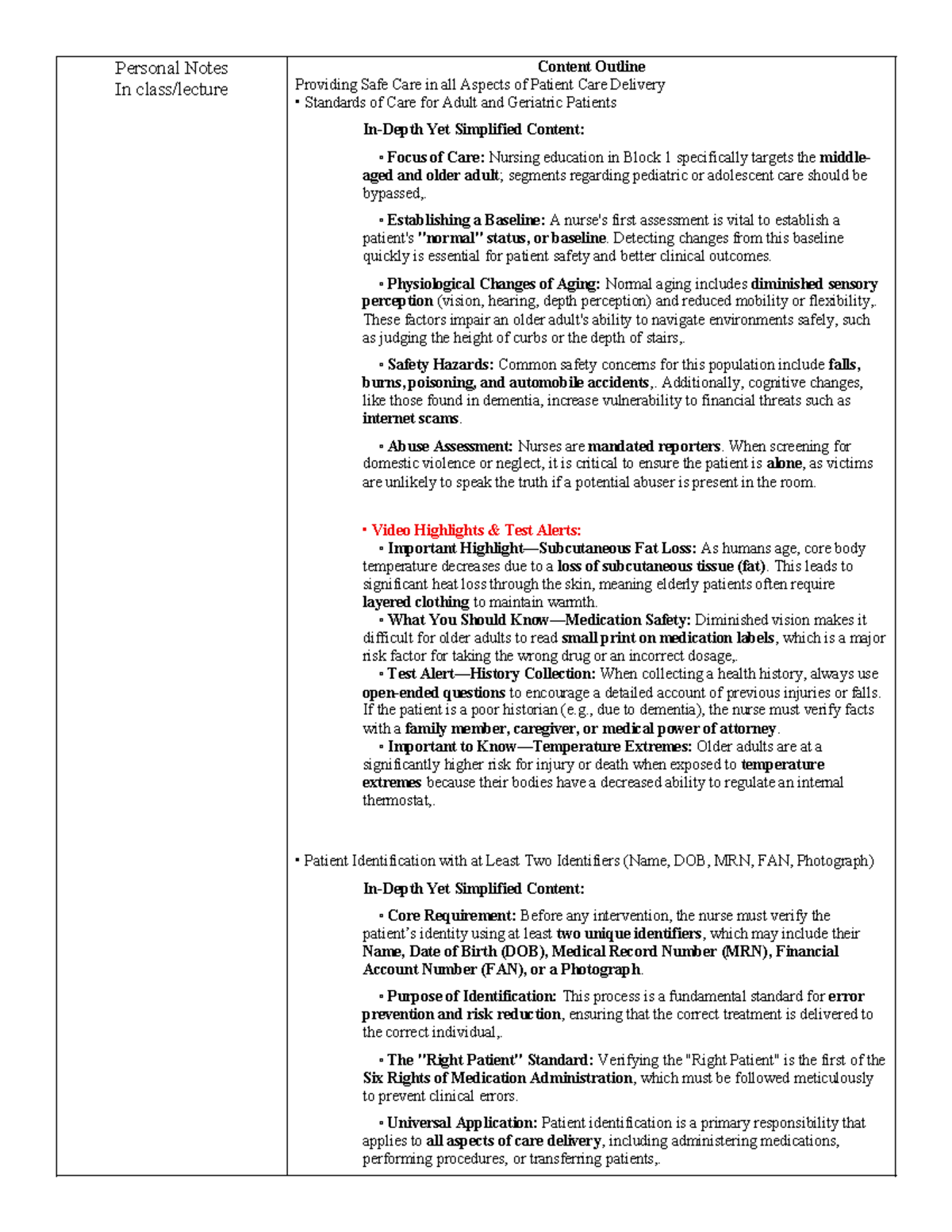 NUR 101: Comprehensive Outline for Safe Patient Care Standards - Studocu