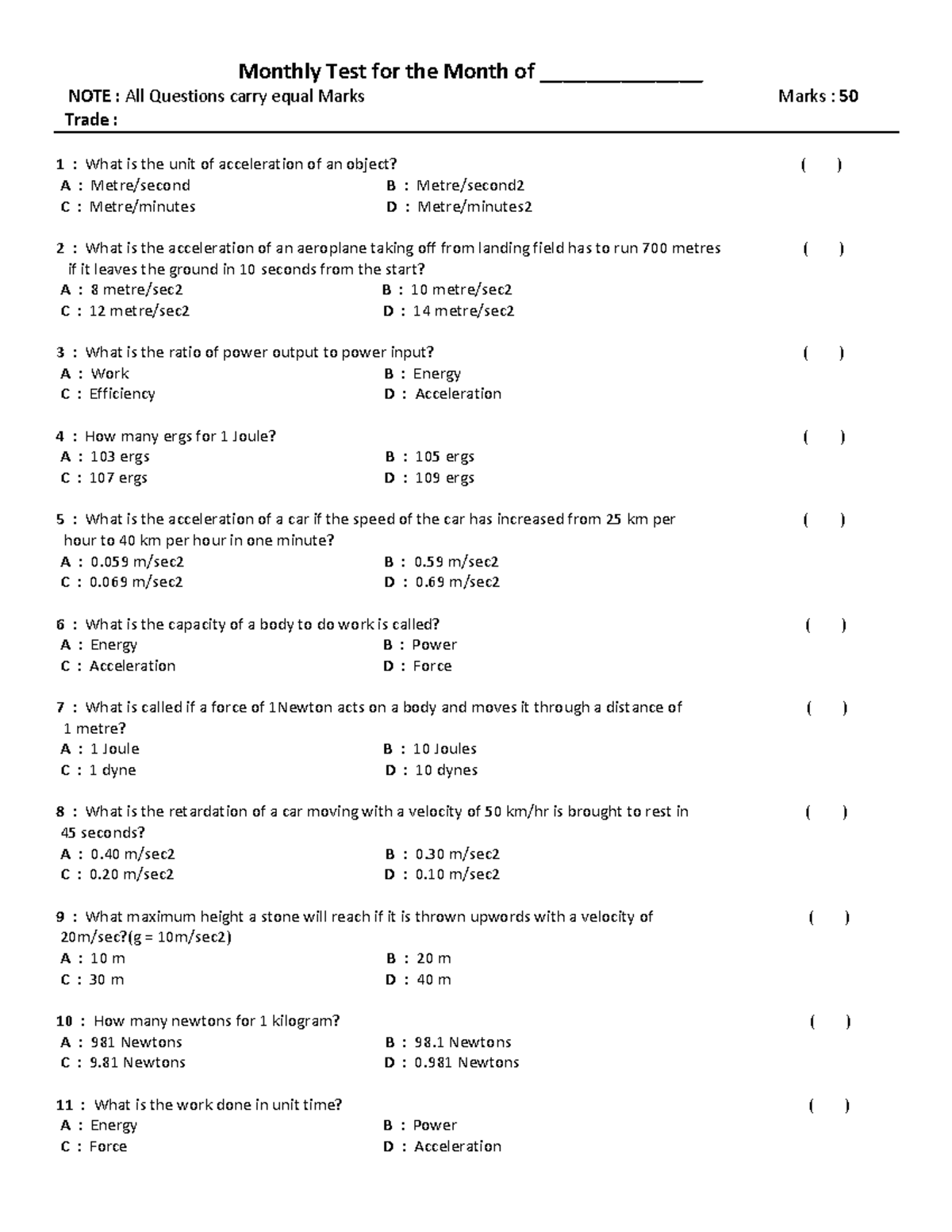 1ST YEAR 4TH Monyhly TEST - Monthly Test for the Month of ...