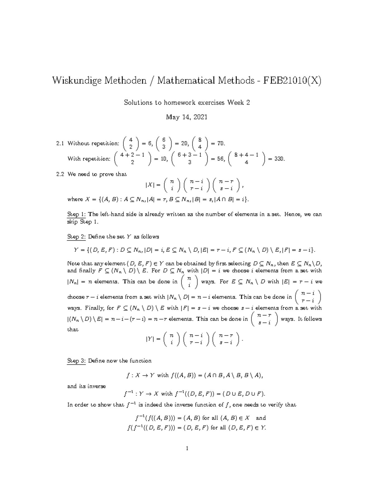 Mathematical Methods FEB21010(X) Solutions Homework Exercises W2 ...