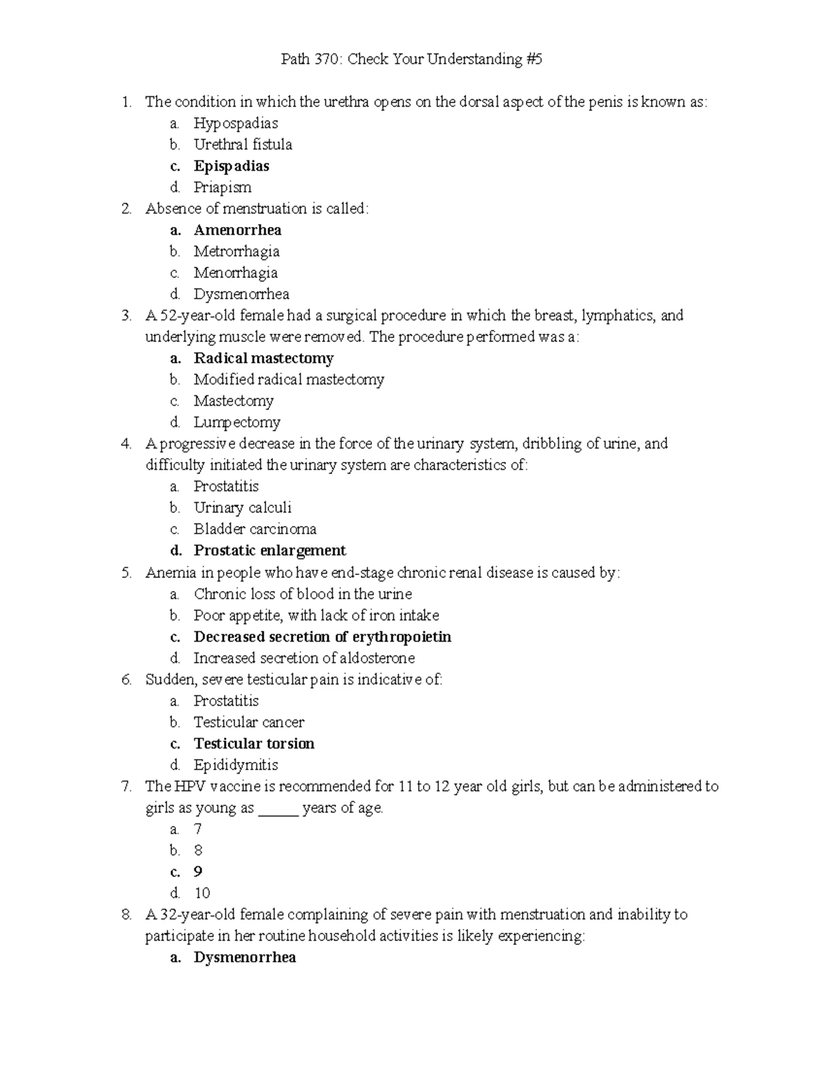 Patho 370 CYU #5 - Weekly assignment with practice questions