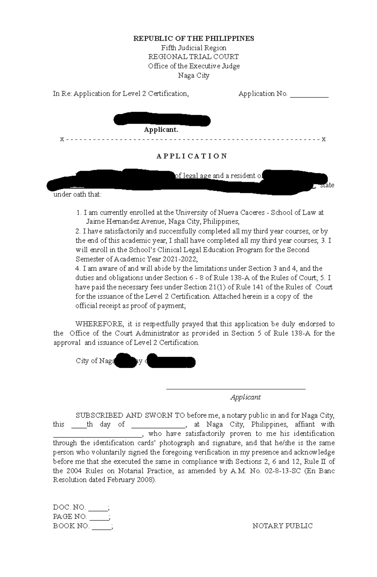 CLEP Level 2 Certification Application and Oath Form for Law Students ...