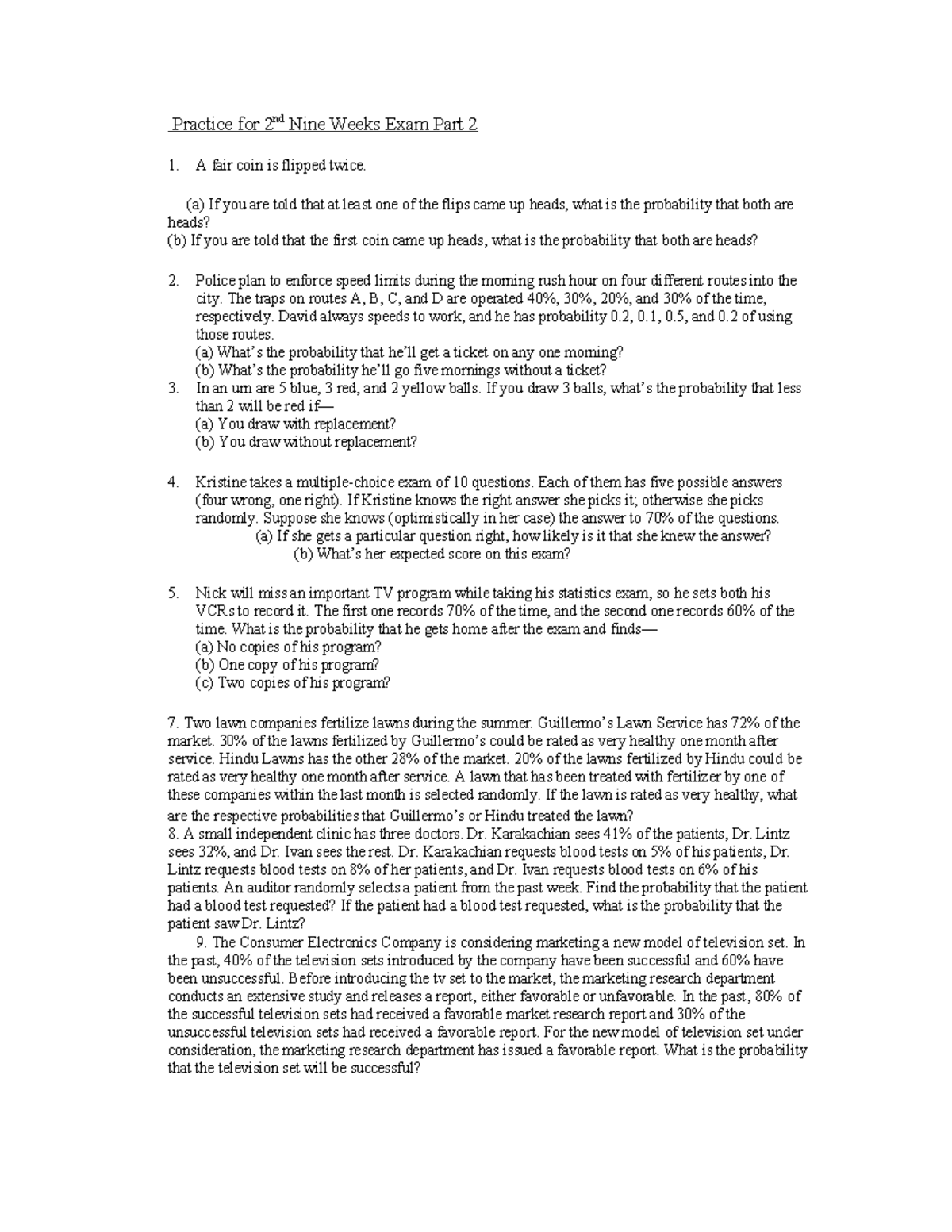 Midterm Practice for 2nd Nine Weeks Exam - Probability Concepts - Studocu