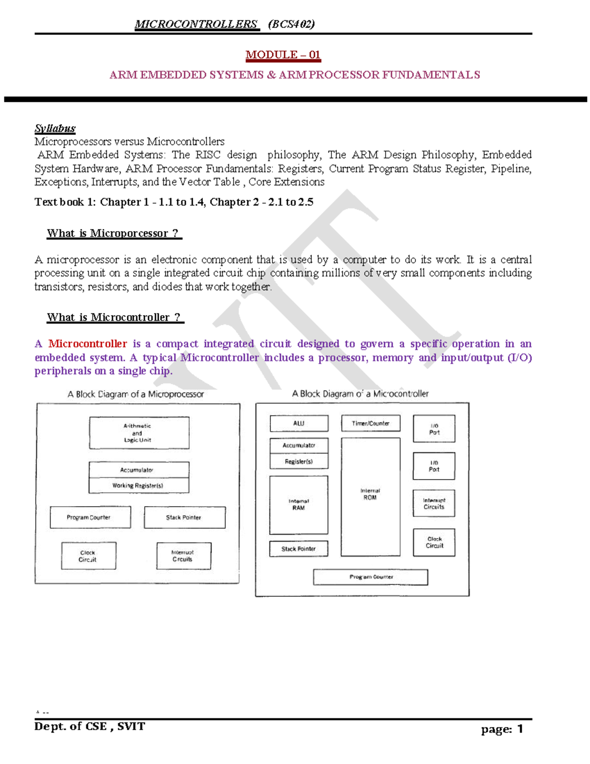 MICROCONTROLLERS (BCS402) MODULE 01: ARM SYSTEMS & PROCESSORS - Studocu