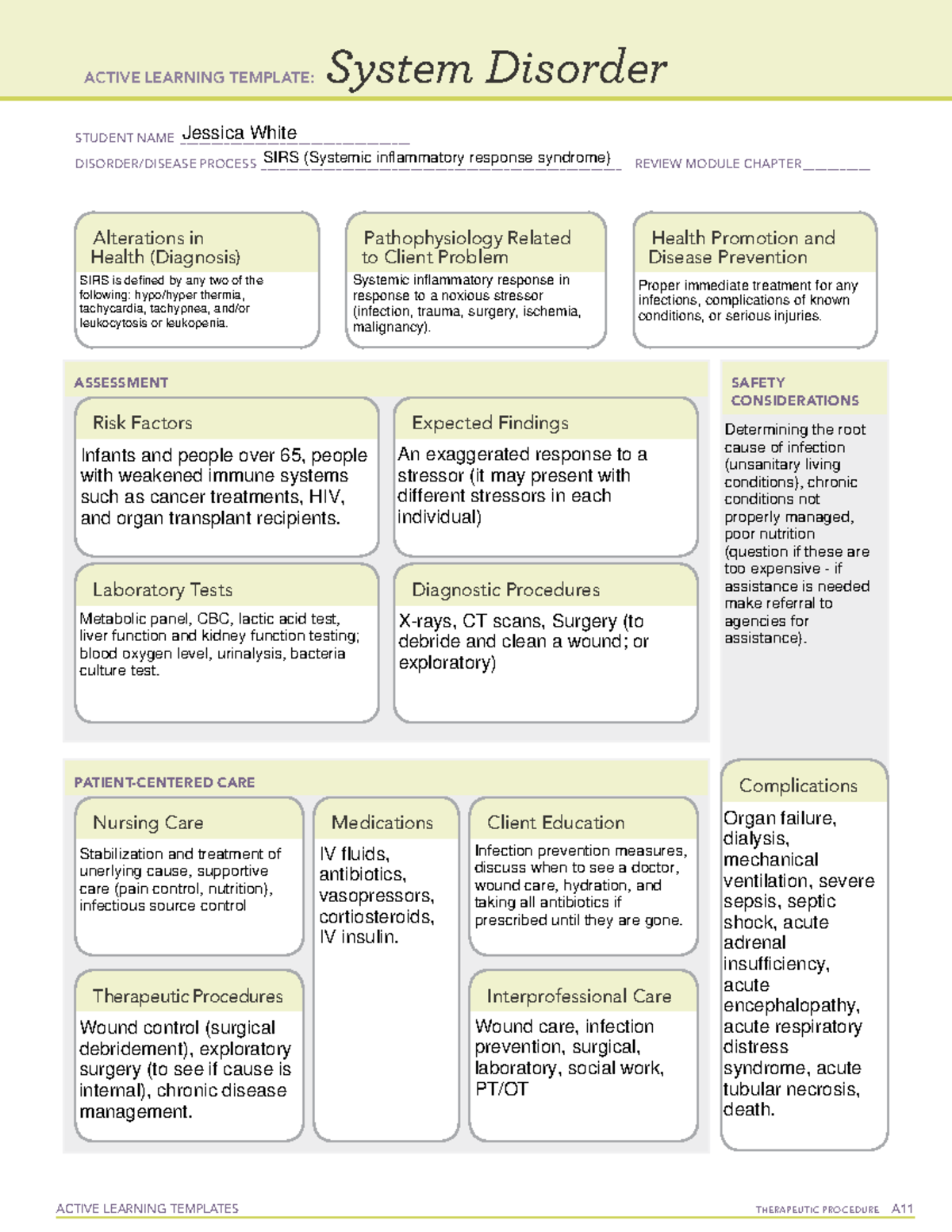 SIRS System Disorder Active Learning Template for Nursing Care - Studocu
