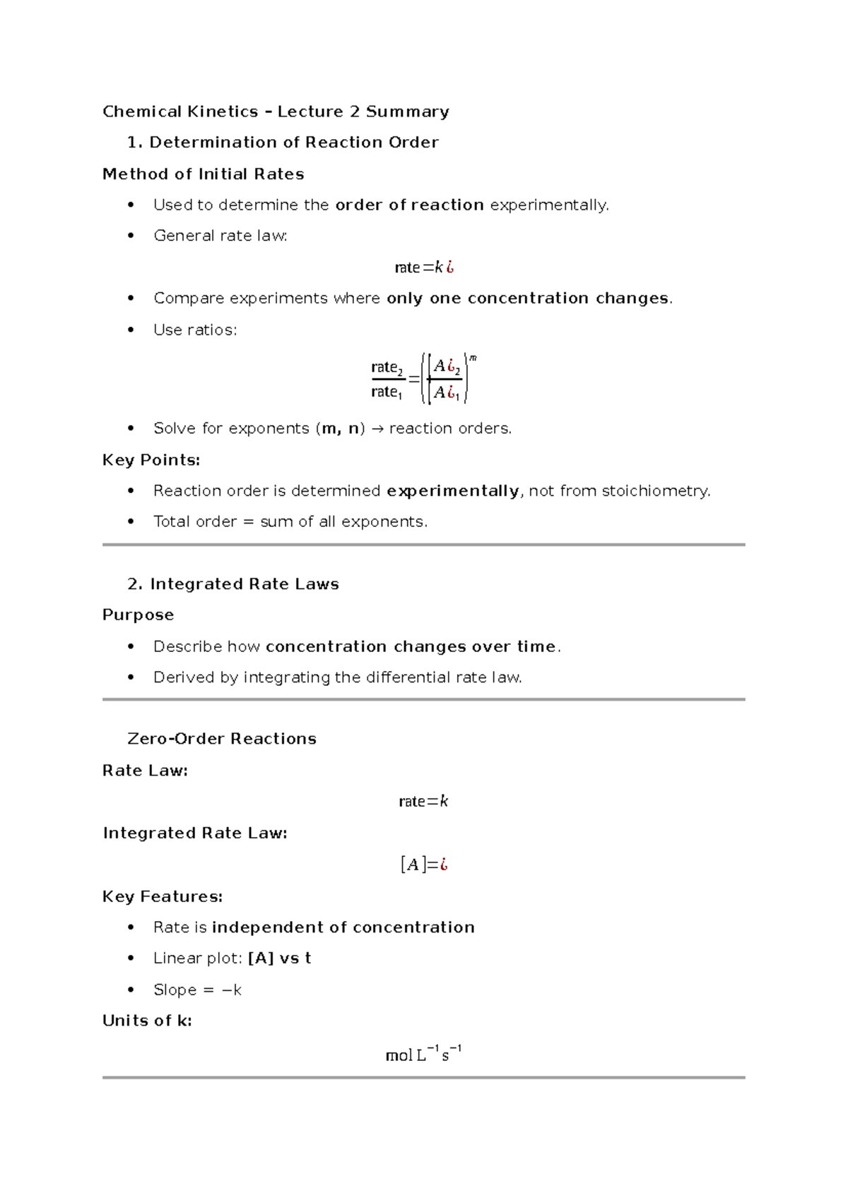 Chemical Kinetics L2: Reaction Order & Integrated Rate Laws Summary ...
