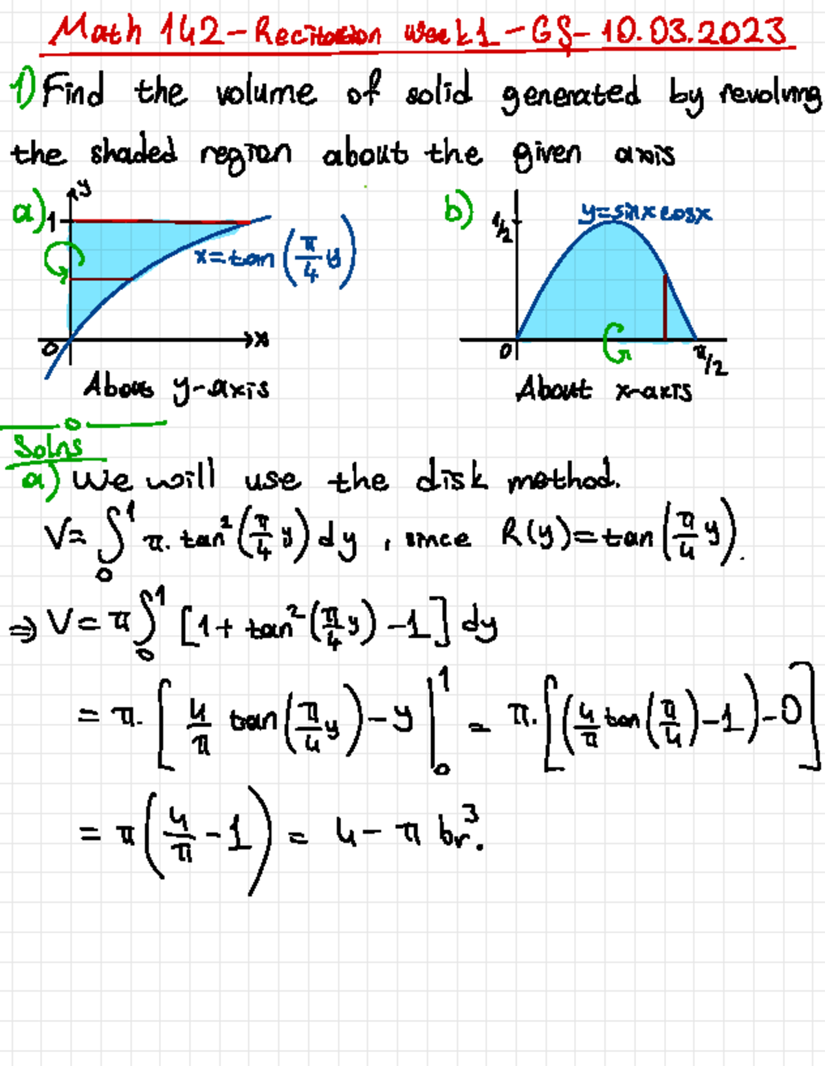 Math-142 Recitation: Volume of Solids by Disk and Shell Methods - Studocu