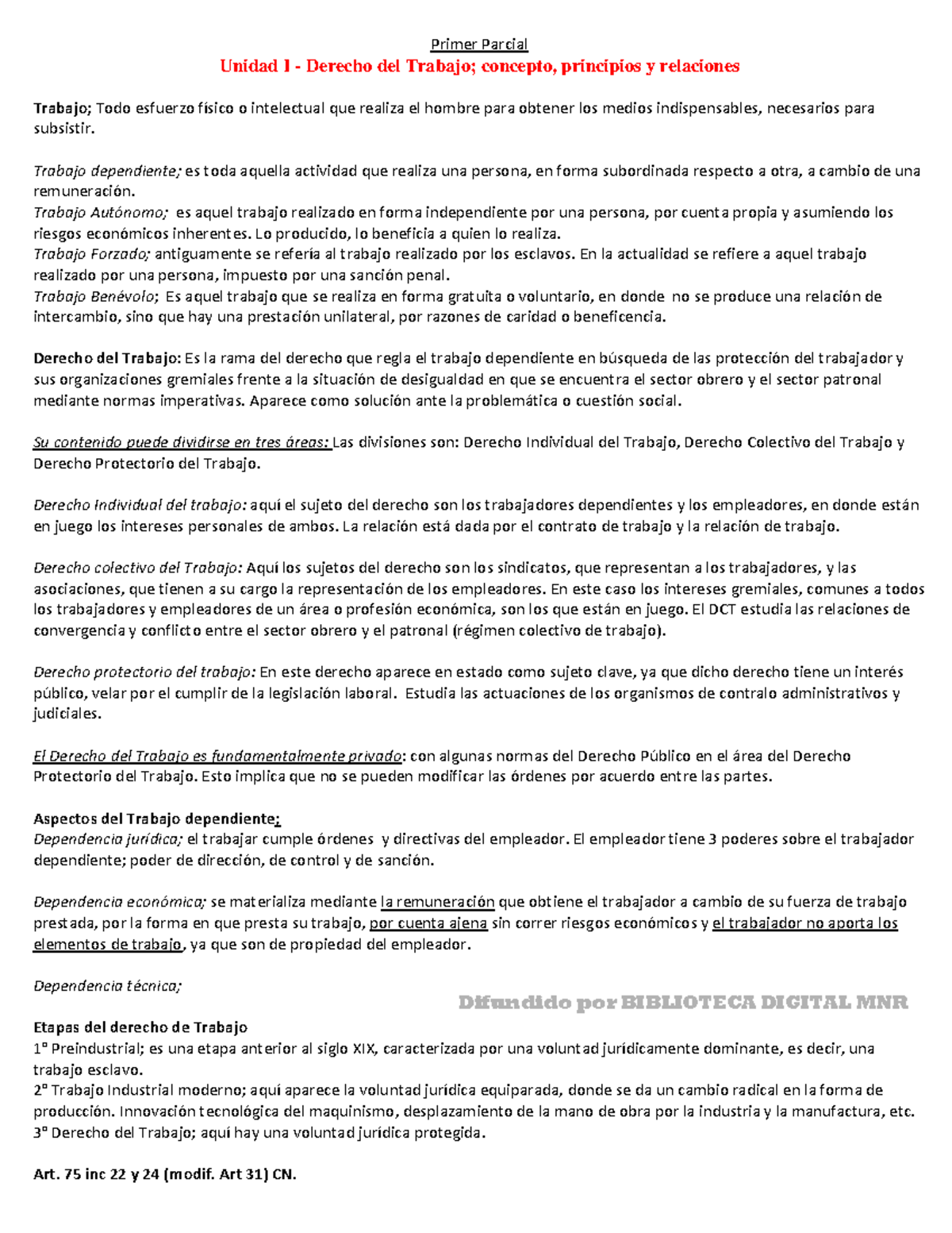 Resumen Completo de Derecho Laboral - Primer Parcial (DERECHO LAB 101 ...