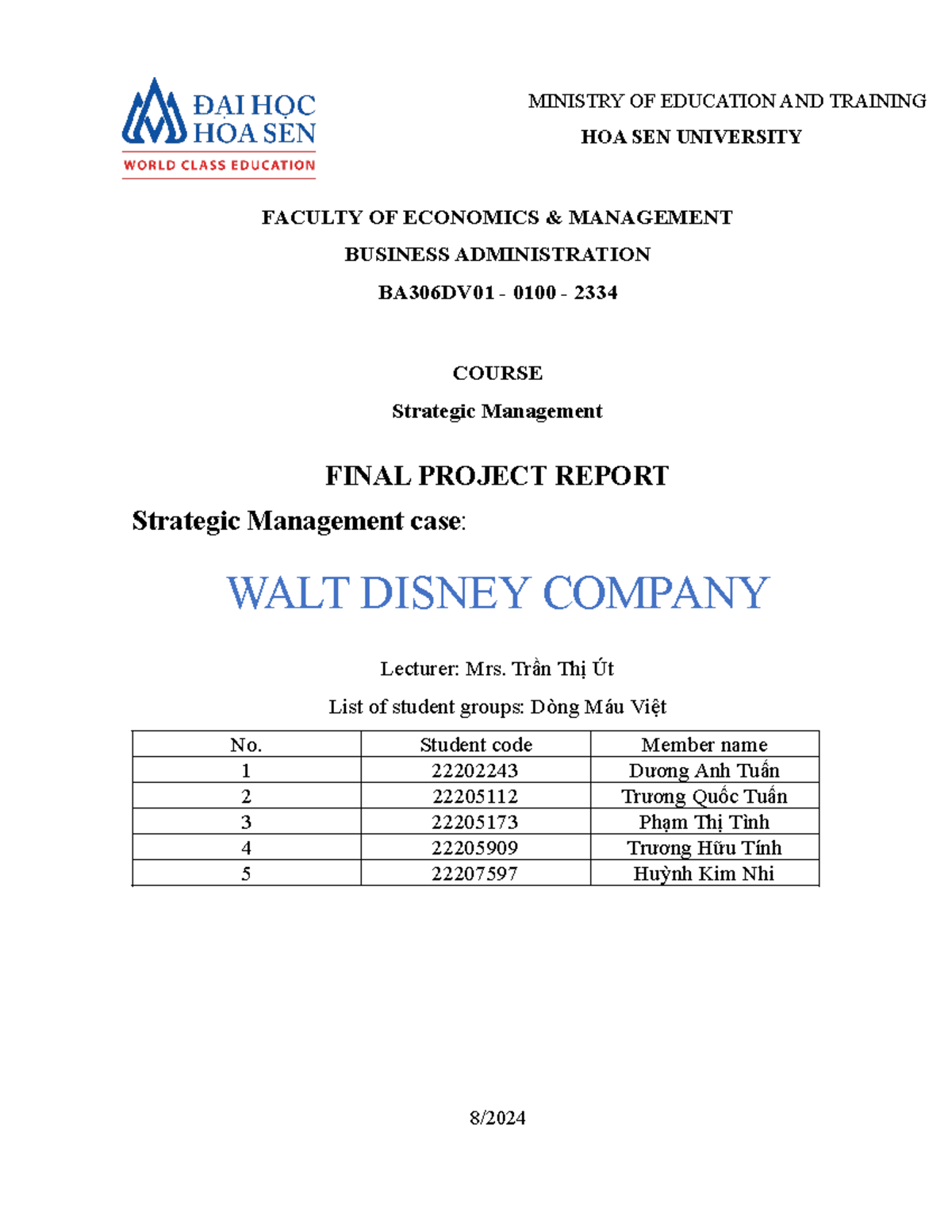 BA306DV01 - Final Project Report on Strategic Management of Walt Disney ...