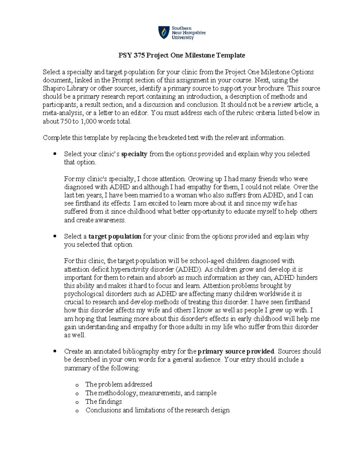 PSY 375 Project One Milestone Template: ADHD Focus and Resources - Studocu