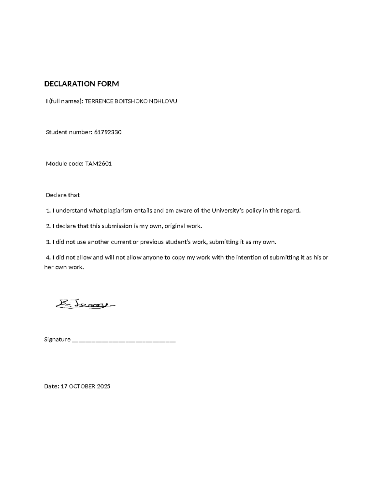 TAM2601 Final Exam Declaration Form and Classroom Management Insights ...