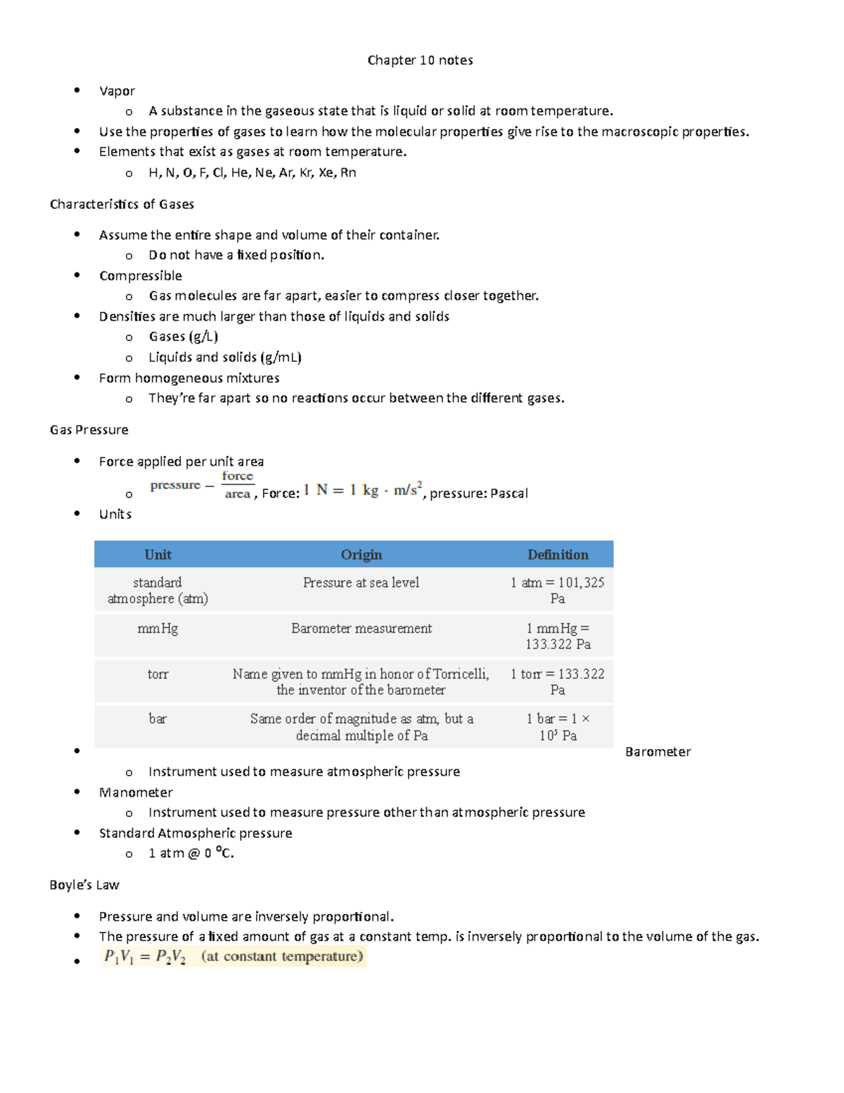 Chapter 10 Gas Properties and Laws Summary - PHYS 101 Notes - Studocu