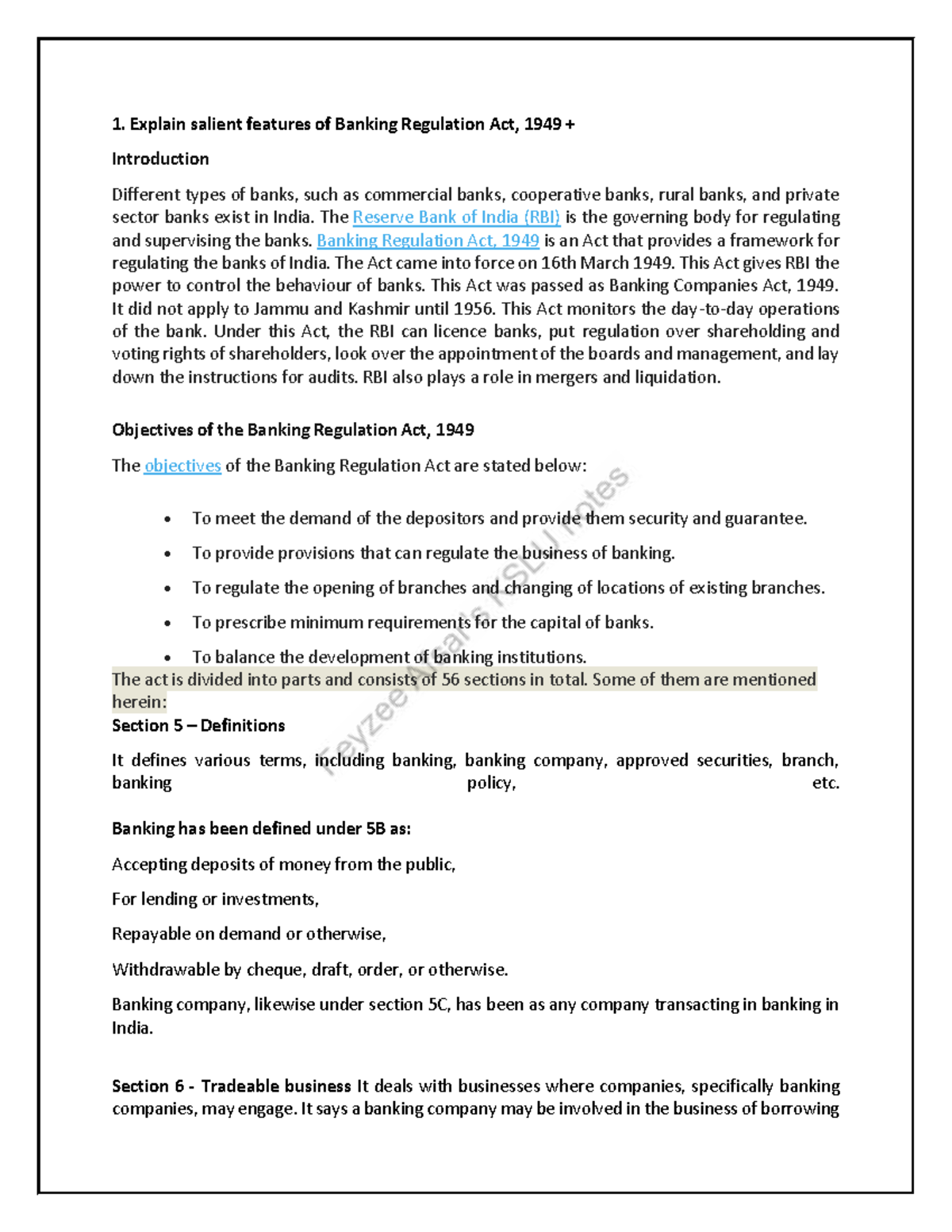 Banking Law Overview: Key Features of Banking Regulation Act 1949 - Studocu
