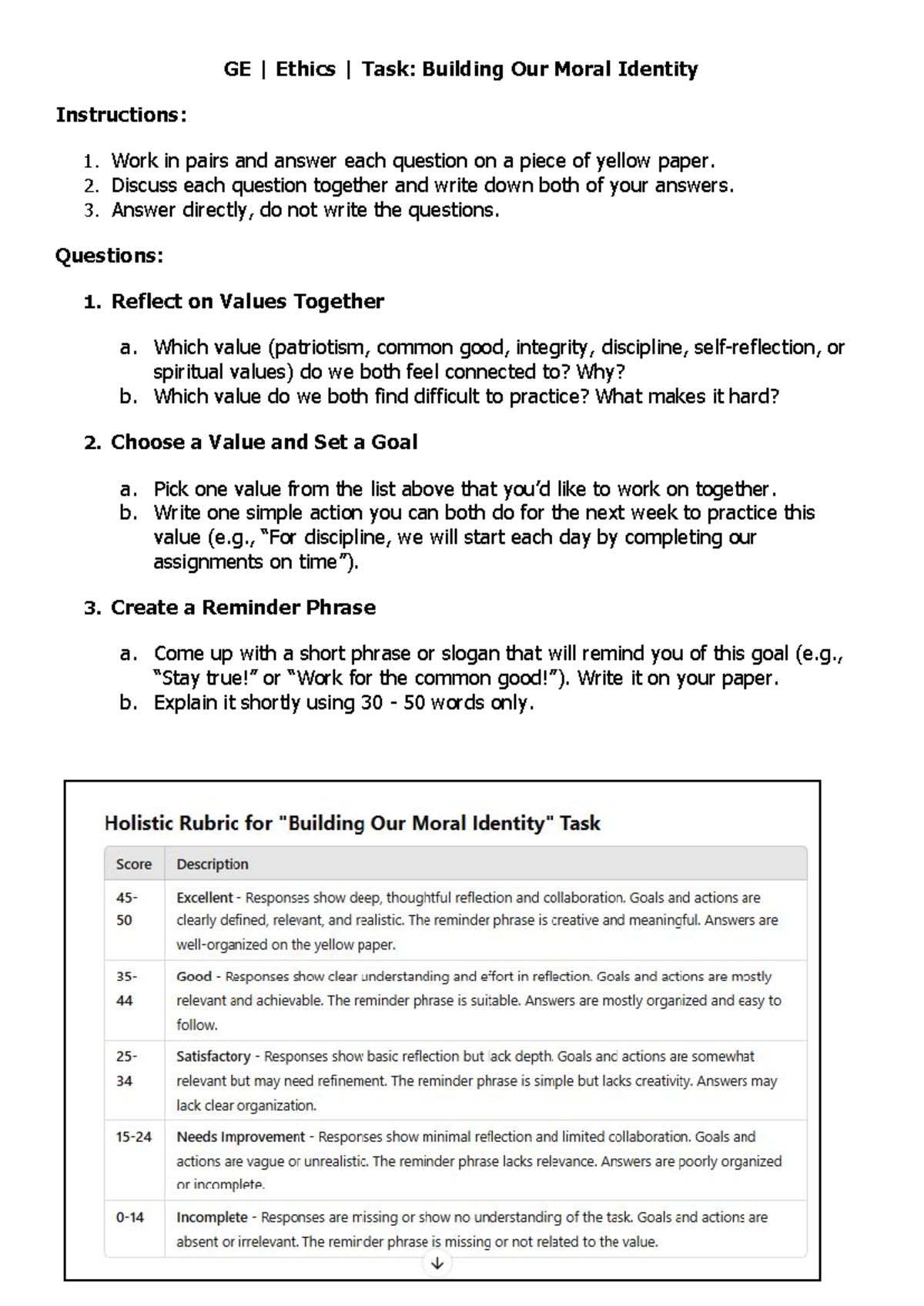 GE Ethics Activity Santiago - GE | Ethics | Task: Building Our Moral ...