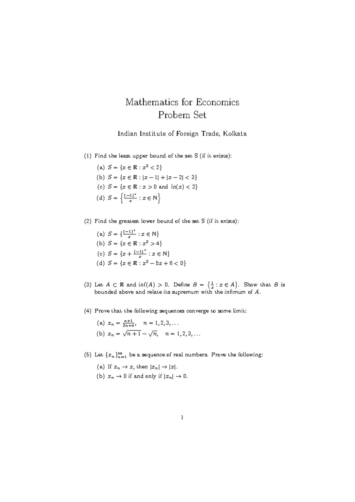 Mathematics for Economics Problem Set (IIFT) - Studocu