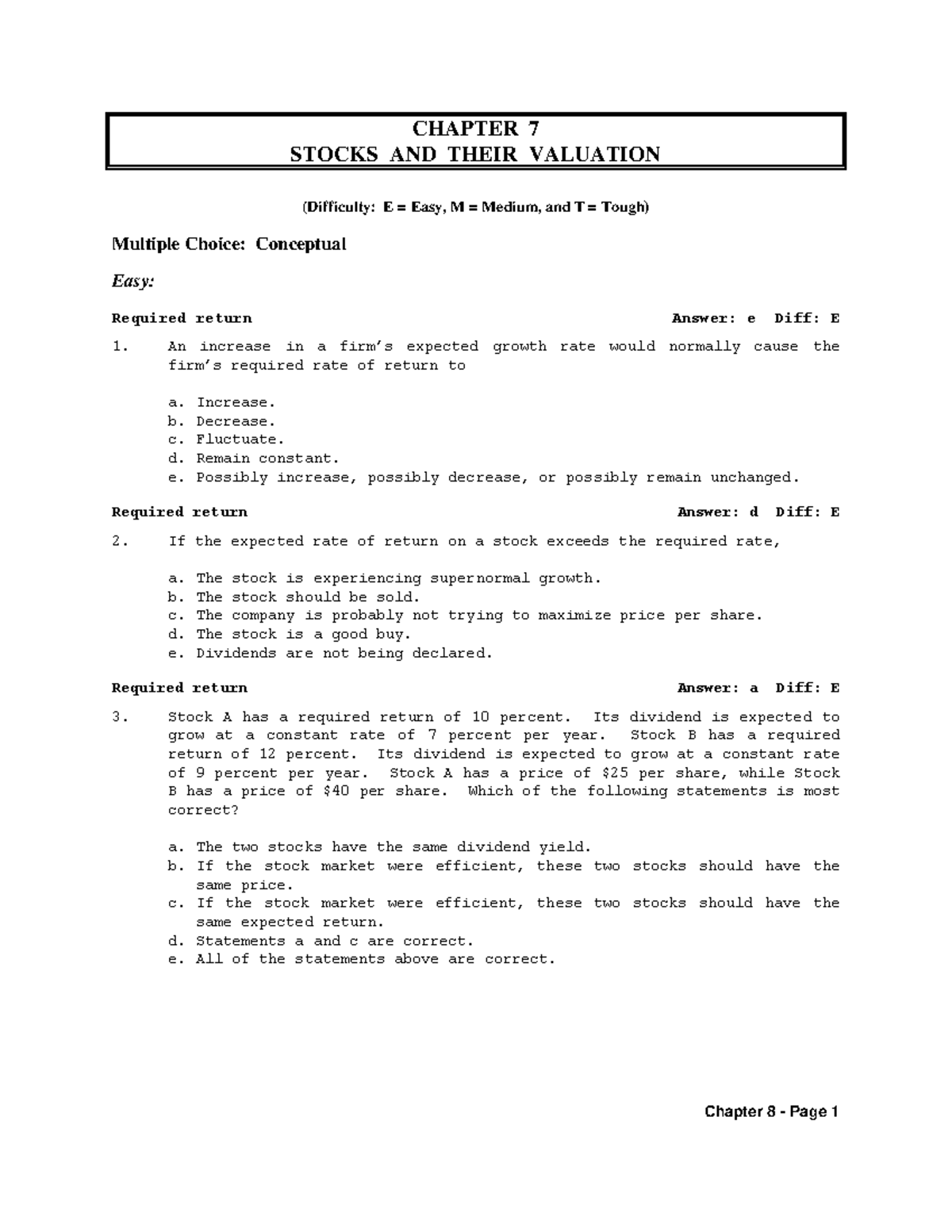 CHAPTER 7 & 8: STOCK VALUATION CONCEPTS & MULTIPLE CHOICE QUESTIONS ...