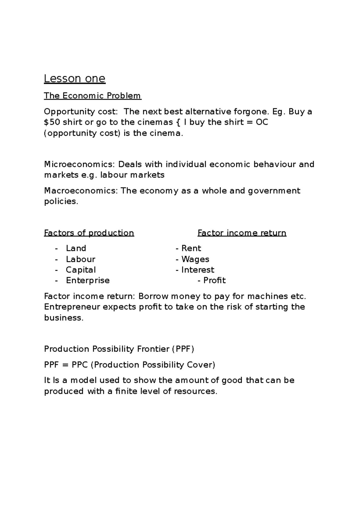 EC Class Notes - Topic 1 of prelims. - Lesson one The Economic Problem ...