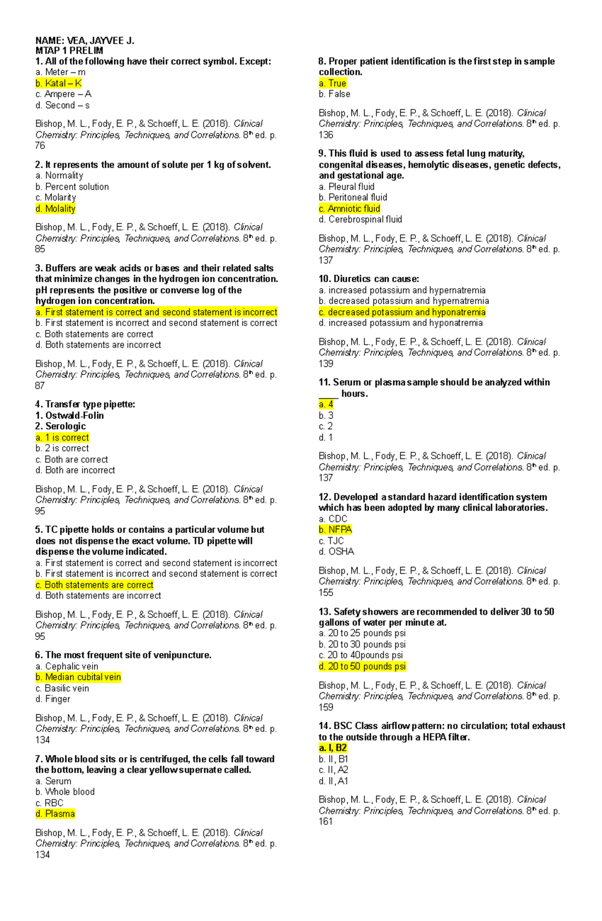 MTAP 1 Clinical Chemistry Questionnaires - Exam Preparation Guide - Studocu