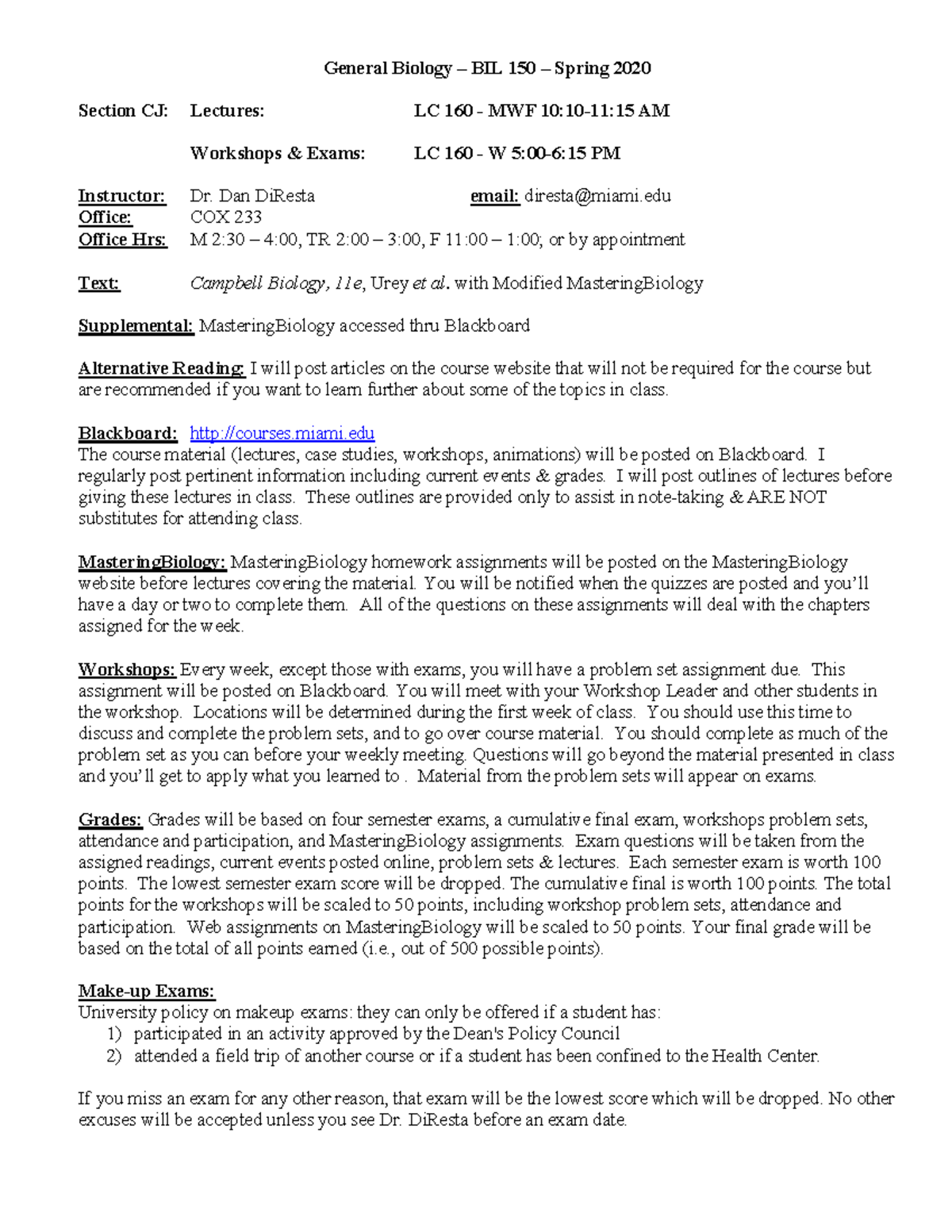 BIL150 General Biology Syllabus - Spring 2020 Details - Studocu