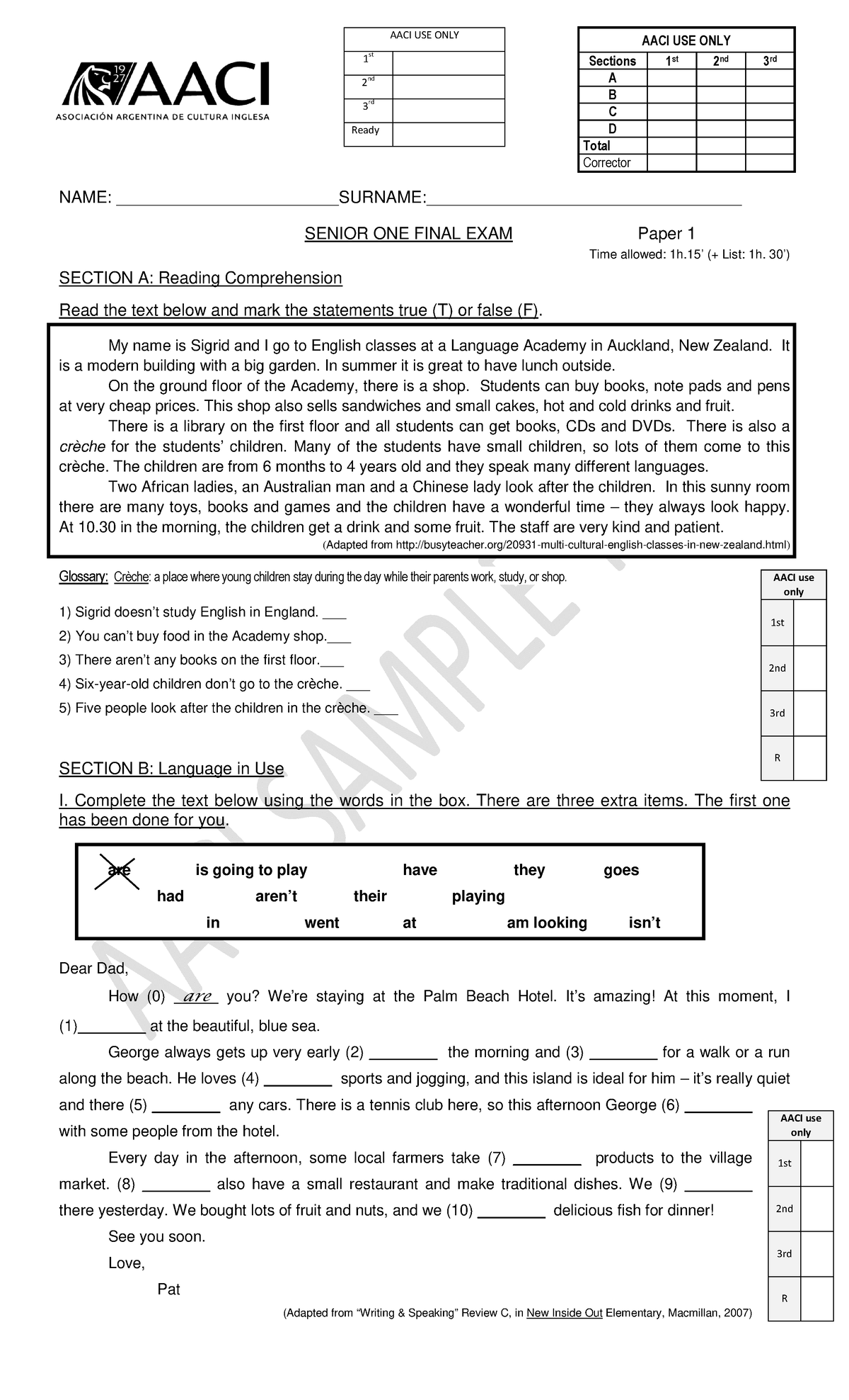 Senior 1 Final Exam Paper 1 - AACI Exam Workbook - Studocu