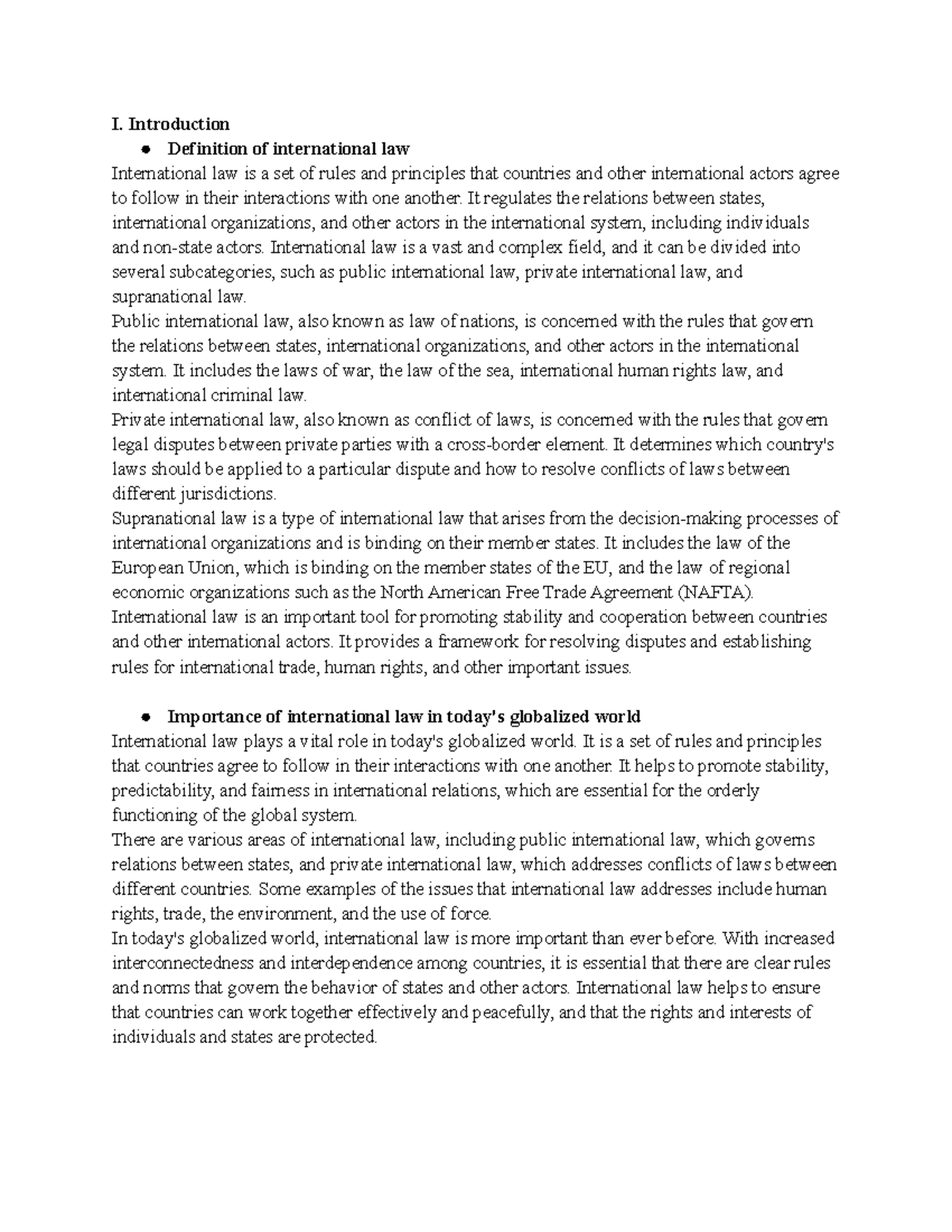 International Law Notes - I. Introduction Definition of international ...