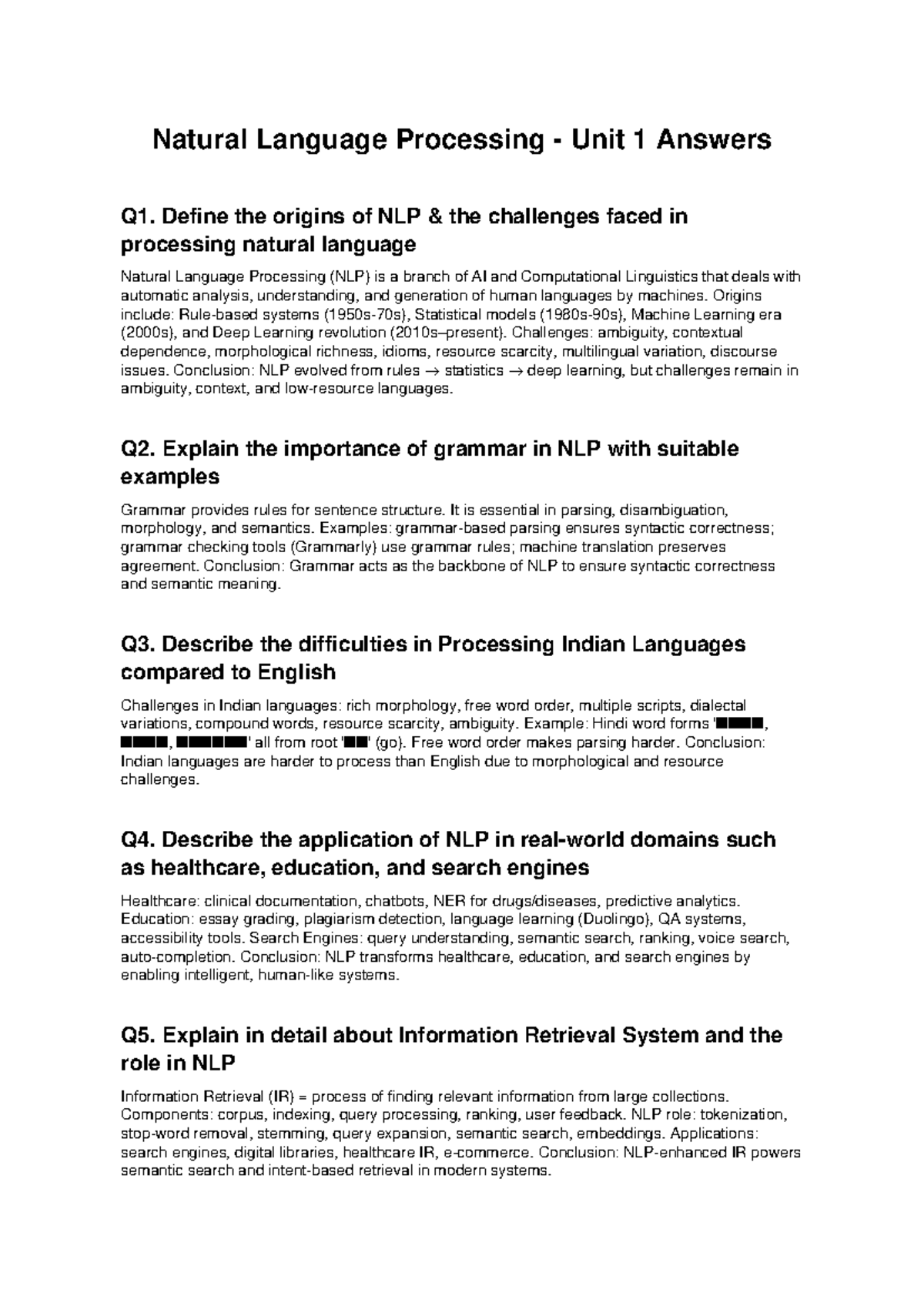 NLP 101: Unit 1 Answers on Origins, Grammar, and Applications - Studocu