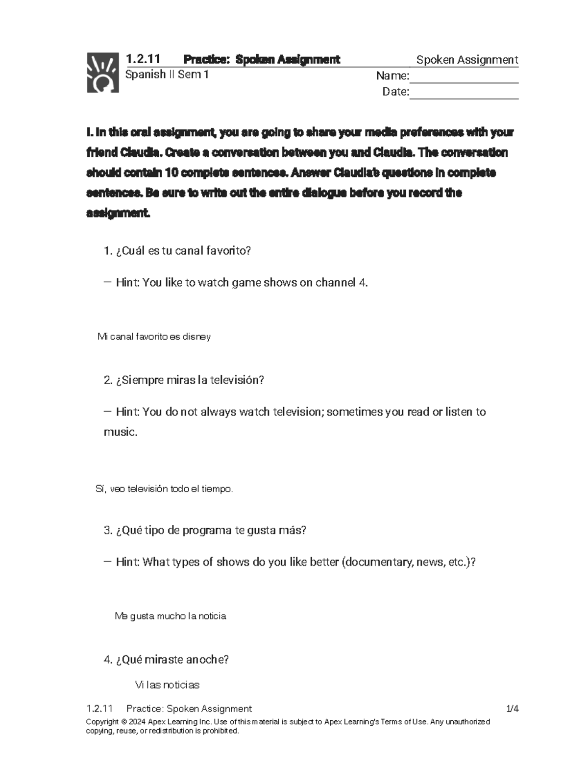 Spanish II Sem 1 - Practice: Spoken Assignment Guide and Examples - Studocu