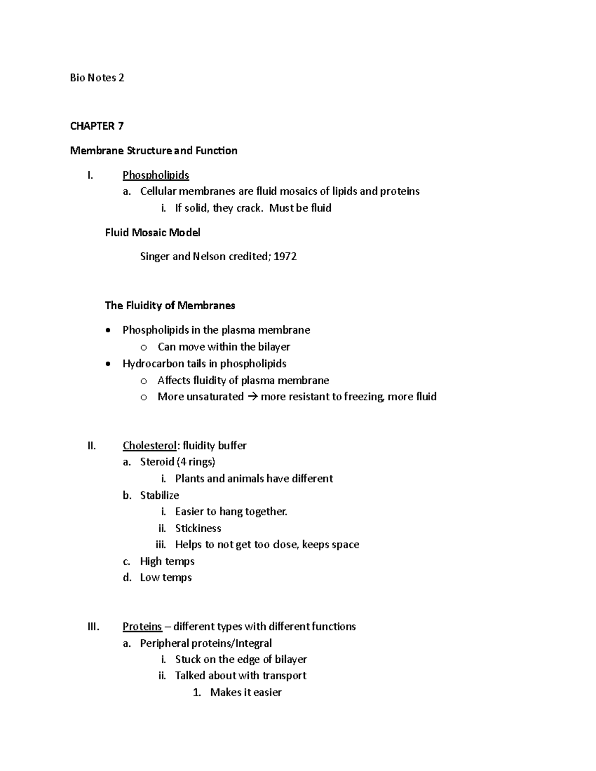 Biology Notes: CH 7 - Membrane Structure & Function Overview - Studocu