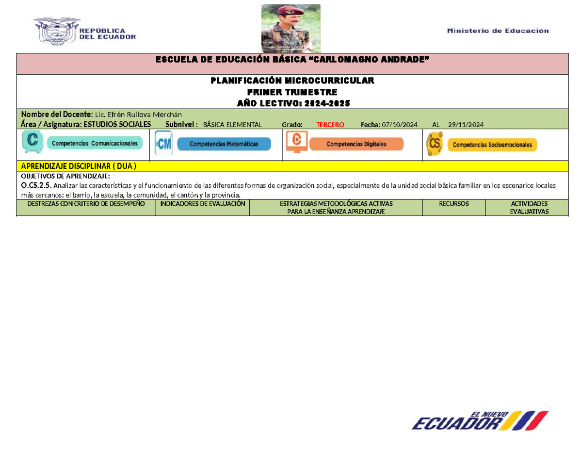 Planificación Microcurricular: Estudios Sociales 3ERO EGB I T - Studocu