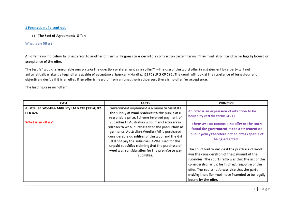 Case List - Key Cases on Offer and Acceptance in Contract Law - Studocu