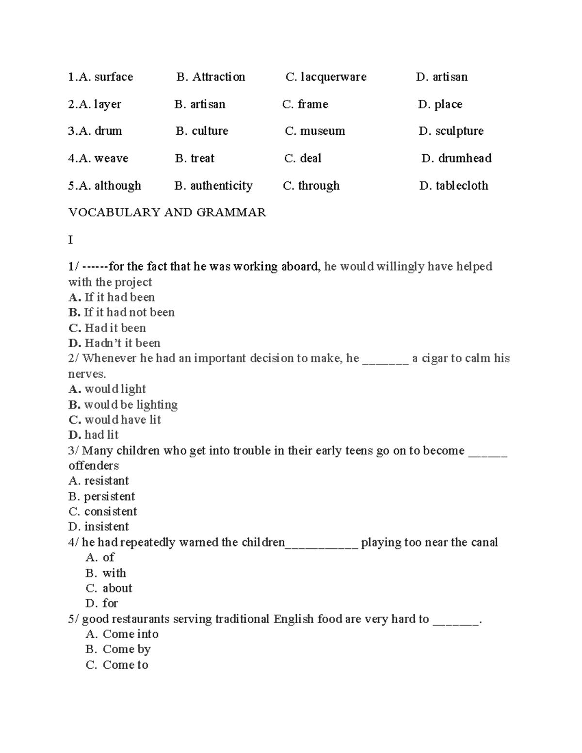 Test 1 - Vocabulary and Grammar Practice for ESL Students - Studocu