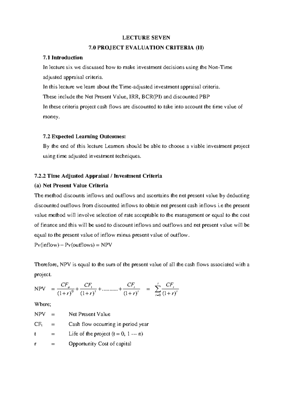EAE 412 Lecture 7: Time-Adjusted Investment Appraisal Techniques - Studocu