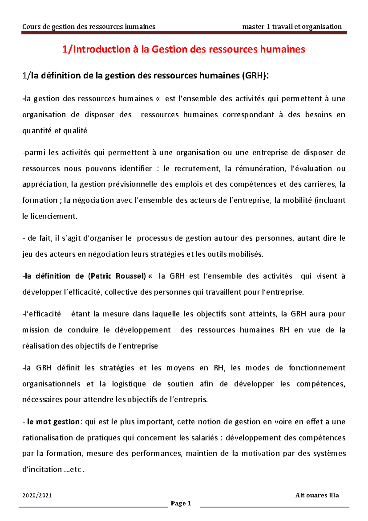 Cours de Gestion des Ressources Humaines - Master 1 Travail et ...