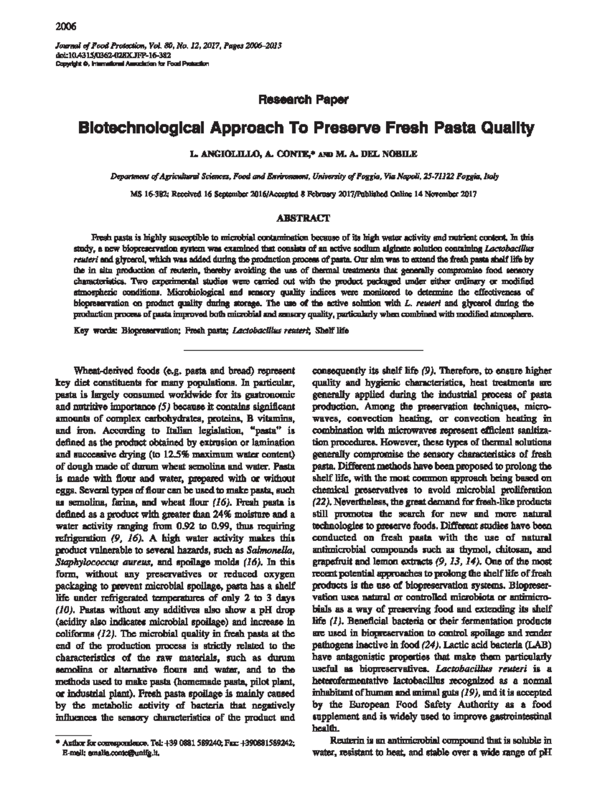 Image showcasing Biotechnological Preservation of Fresh Pasta Quality: J. Food Prot. 80 ...